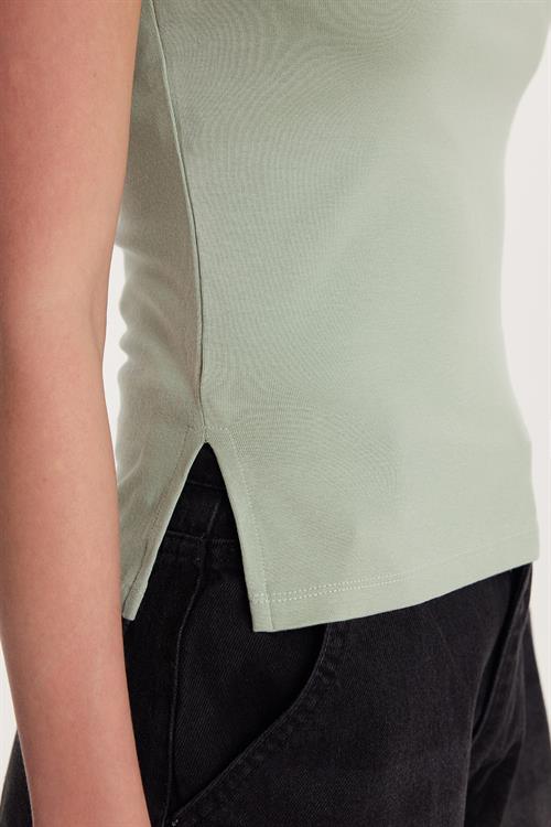 Kadın Modal Kumaş Slim Fit Dar Kesim Bisiklet Yaka Düz Basic Mint Bluz