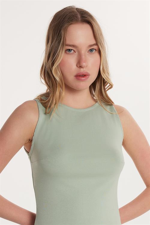 Kadın Modal Kumaş Slim Fit Dar Kesim Bisiklet Yaka Düz Basic Mint Bluz