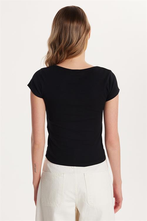 Kadın Slim Fit Dar Kesim Pamuklu Kısa Kollu U Yaka Siyah Bluz