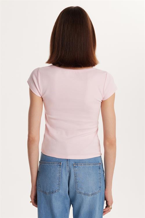 Kadın Slim Fit Dar Kesim Pamuklu Kısa Kollu U Yaka Pembe Bluz