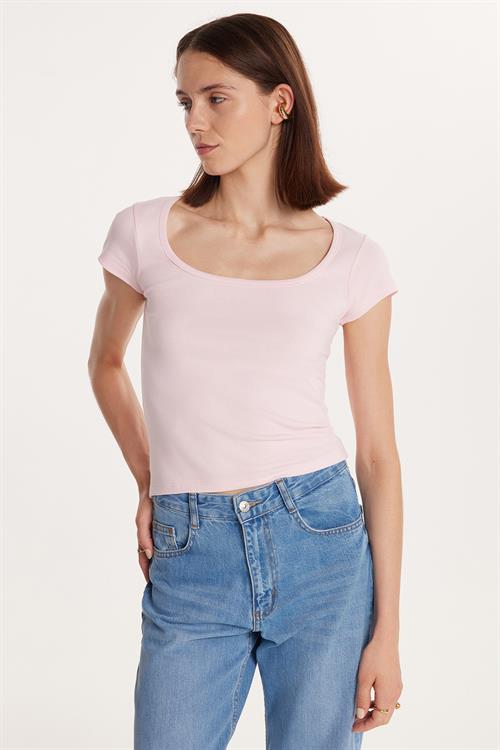 Kadın Slim Fit Dar Kesim Pamuklu Kısa Kollu U Yaka Pembe Bluz