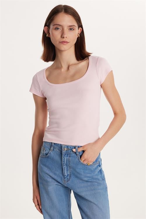 Kadın Slim Fit Dar Kesim Pamuklu Kısa Kollu U Yaka Pembe Bluz