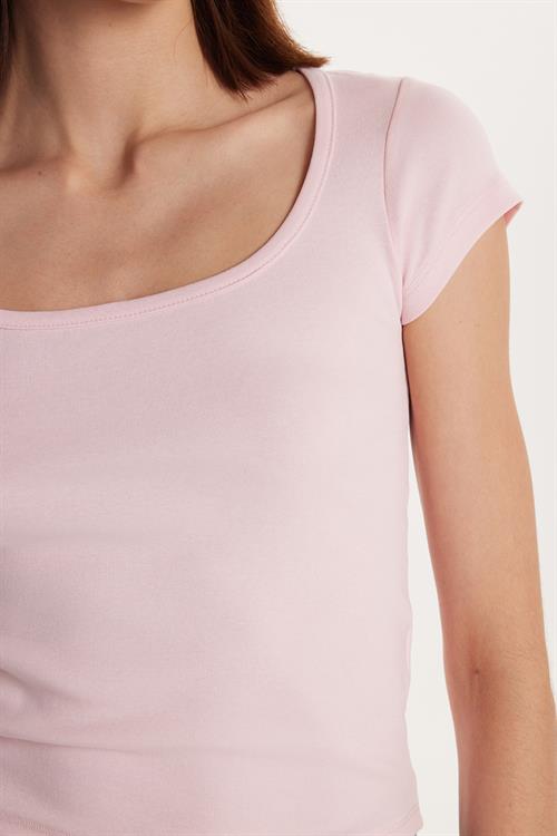 Kadın Slim Fit Dar Kesim Pamuklu Kısa Kollu U Yaka Pembe Bluz