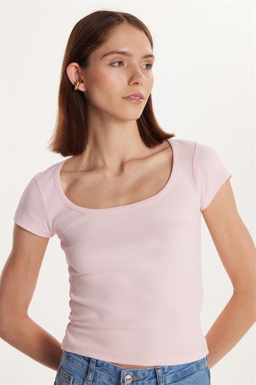 Kadın Slim Fit Dar Kesim Pamuklu Kısa Kollu U Yaka Pembe Bluz