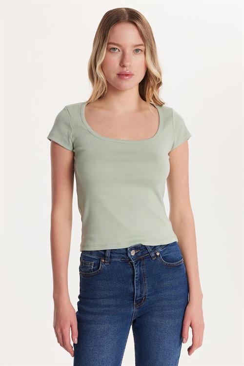 Kadın Slim Fit Dar Kesim Pamuklu Kısa Kollu U Yaka Mint Bluz
