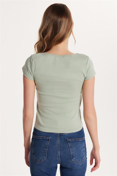 Kadın Slim Fit Dar Kesim Pamuklu Kısa Kollu U Yaka Mint Bluz