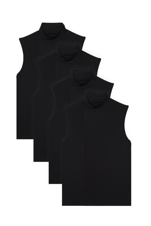 Kadın 4lü Paket Siyah Regular Fit Kesim Viskon Kumaş Balıkçı Yaka Sıfır Kol Bluz
