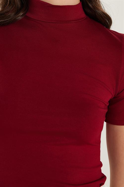 Kadın Standart Fit Kısa Kollu Yarım Balıkçı Yaka Bordo Bluz