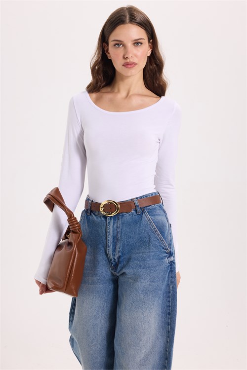 Kadın Slim Fit Dar Kesim Uzun Kollu Viskon Beyaz Bluz