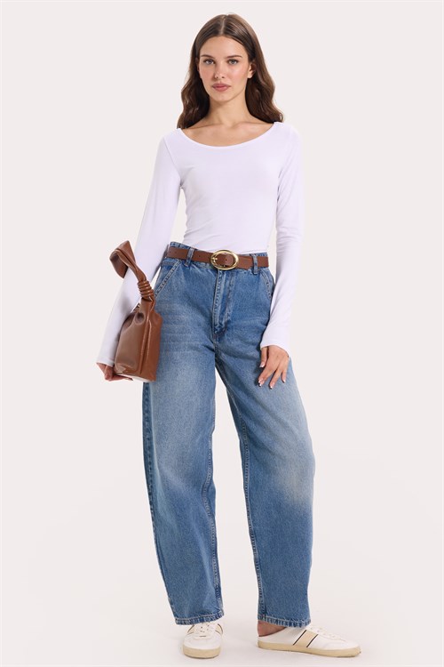 Kadın Slim Fit Dar Kesim Uzun Kollu Viskon Beyaz Bluz