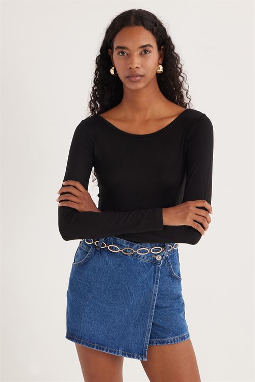 Kadın Slim Fit Dar Kesim Uzun Kollu Viskon Siyah Bluz