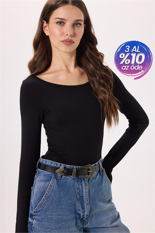 Kadın Slim Fit Dar Kesim Uzun Kollu Viskon Siyah Bluz