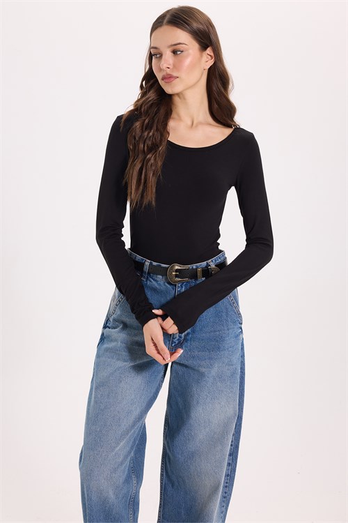 Kadın Slim Fit Dar Kesim Uzun Kollu Viskon Siyah Bluz