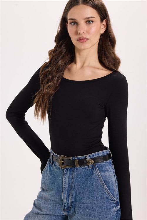 Kadın Slim Fit Dar Kesim Uzun Kollu Viskon Siyah Bluz