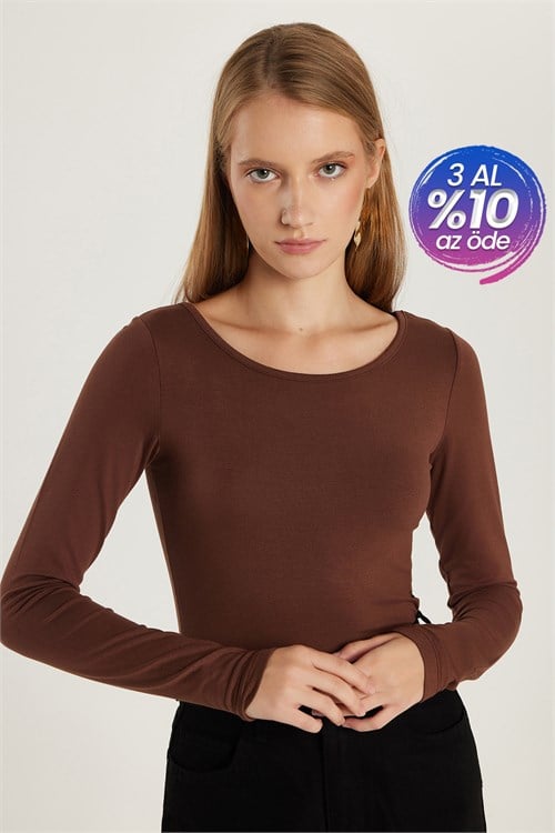 Kadın Slim Fit Dar Kesim Uzun Kollu Viskon Kahverengi Bluz