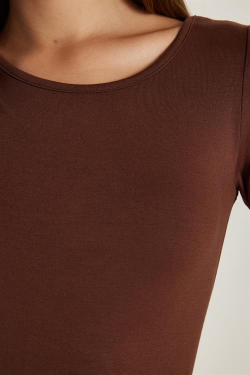 Kadın Slim Fit Dar Kesim Uzun Kollu Viskon Kahverengi Bluz