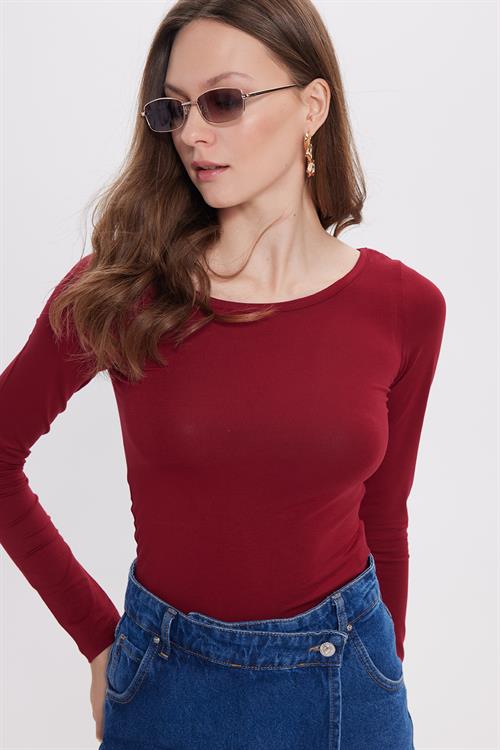 Kadın Slim Fit Dar Kesim Uzun Kollu Viskon Bordo Bluz