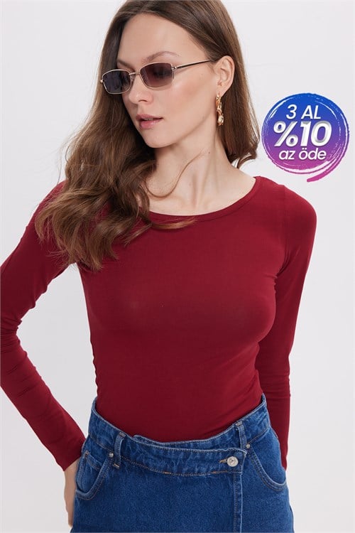 Kadın Slim Fit Dar Kesim Uzun Kollu Viskon Bordo Bluz