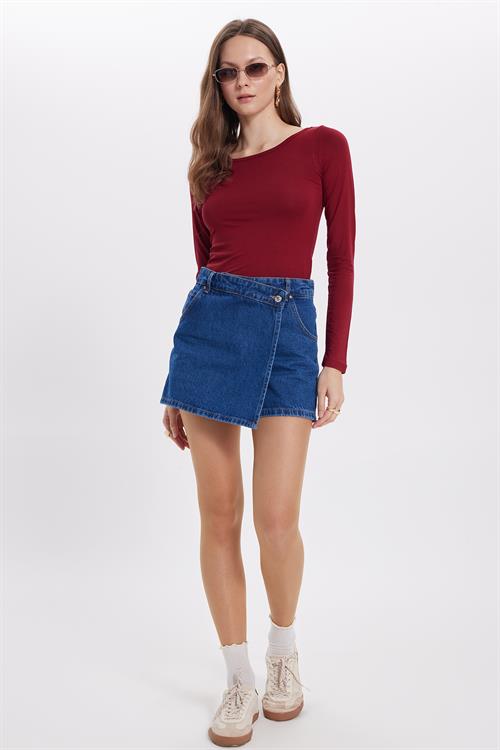 Kadın Slim Fit Dar Kesim Uzun Kollu Viskon Bordo Bluz