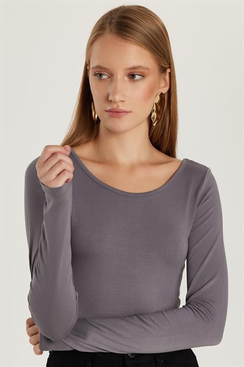 Kadın Slim Fit Dar Kesim Uzun Kollu Viskon Gri Bluz