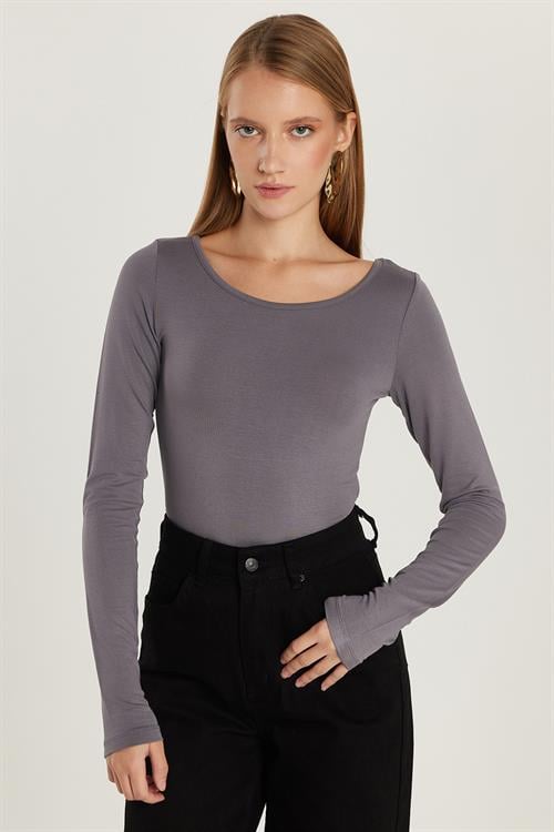 Kadın Slim Fit Dar Kesim Uzun Kollu Viskon Gri Bluz