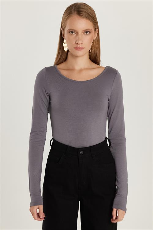 Kadın Slim Fit Dar Kesim Uzun Kollu Viskon Gri Bluz