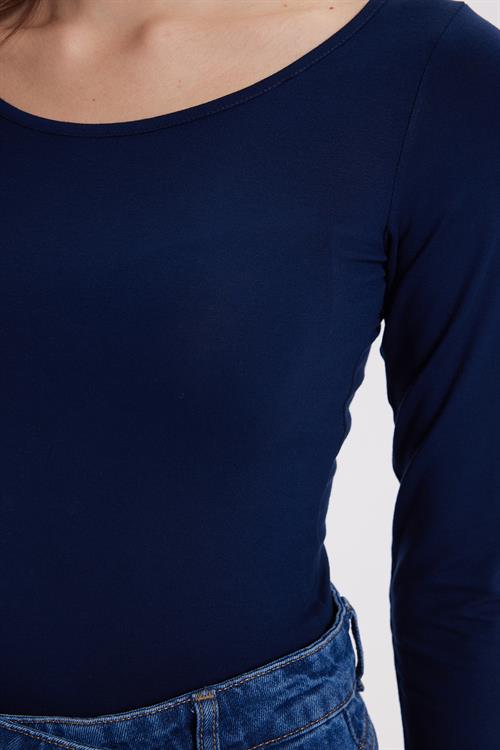 Kadın Slim Fit Dar Kesim Uzun Kollu Viskon Lacivert Bluz