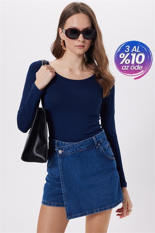 Kadın Slim Fit Dar Kesim Uzun Kollu Viskon Lacivert Bluz