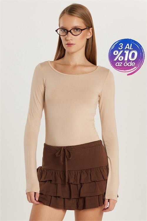 Kadın Slim Fit Dar Kesim Uzun Kollu Viskon Bej Bluz