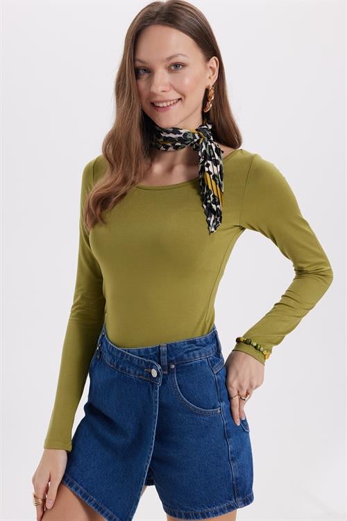 Kadın Slim Fit Dar Kesim Uzun Kollu Viskon Yeşil Bluz