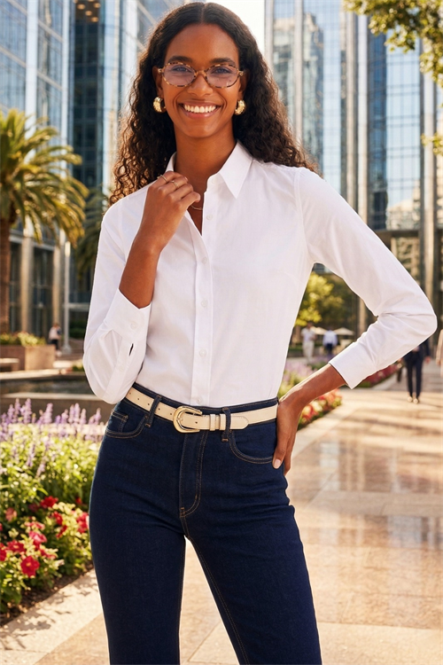 Kadın Slim Fit Dar Kesim Uzun Kollu Pamuklu Vücuda Oturan Dokulu Beyaz Basic Gömlek