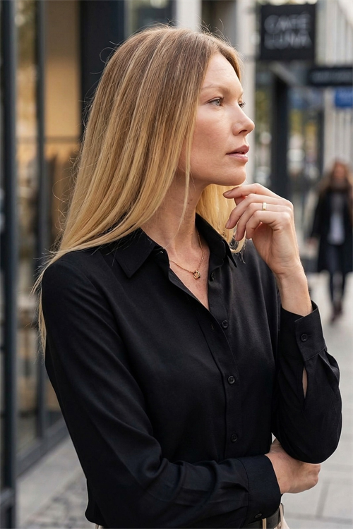 Kadın Slim Fit Dar Kesim Uzun Kollu Pamuklu Vücuda Oturan Dokulu Siyah Basic Gömlek