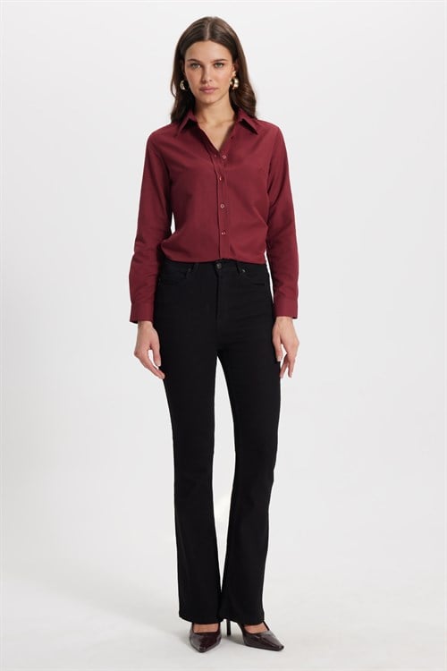 Kadın Slim Fit Dar Kesim Uzun Kollu Pamuklu Vücuda Oturan Dokulu Bordo Basic Gömlek