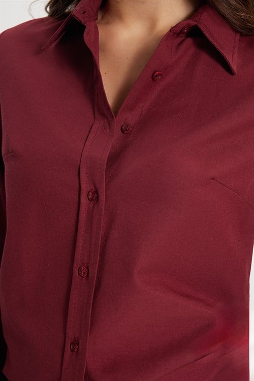 Kadın Slim Fit Dar Kesim Uzun Kollu Pamuklu Vücuda Oturan Dokulu Bordo Basic Gömlek