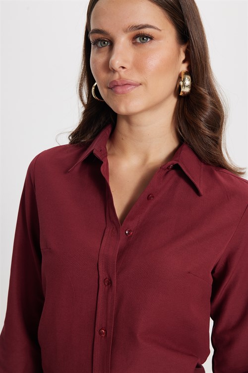 Kadın Slim Fit Dar Kesim Uzun Kollu Pamuklu Vücuda Oturan Dokulu Bordo Basic Gömlek