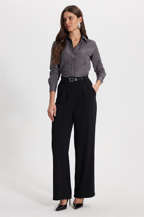 Kadın Slim Fit Dar Kesim Uzun Kollu Pamuklu Vücuda Oturan Dokulu Antrasit Basic Gömlek
