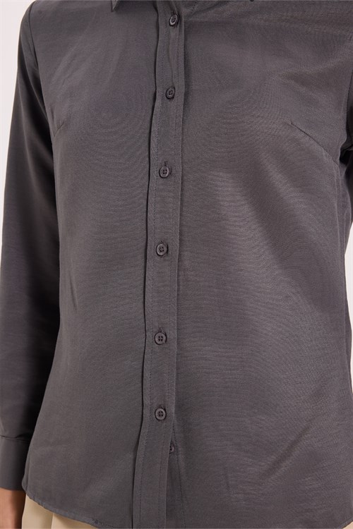 Kadın Slim Fit Dar Kesim Uzun Kollu Pamuklu Vücuda Oturan Dokulu Antrasit Basic Gömlek