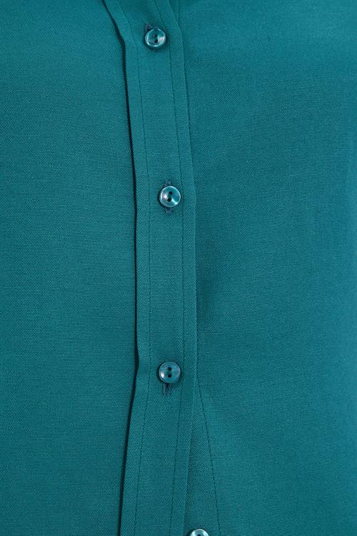 Kadın Slim Fit Dar Kesim Uzun Kollu Pamuklu Vücuda Oturan Dokulu Yeşil Basic Gömlek