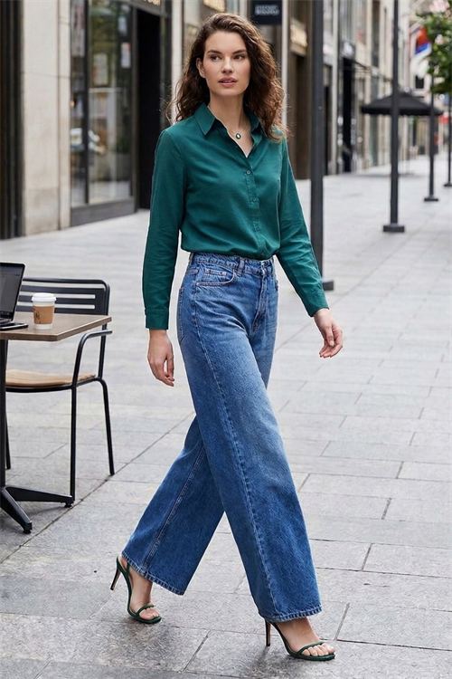 Kadın Slim Fit Dar Kesim Uzun Kollu Pamuklu Vücuda Oturan Dokulu Yeşil Basic Gömlek