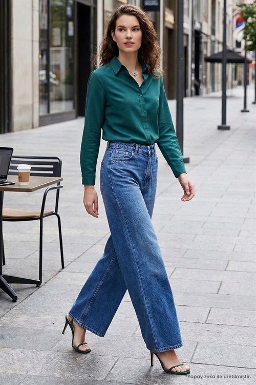 Kadın Slim Fit Dar Kesim Uzun Kollu Pamuklu Vücuda Oturan Dokulu Yeşil Basic Gömlek