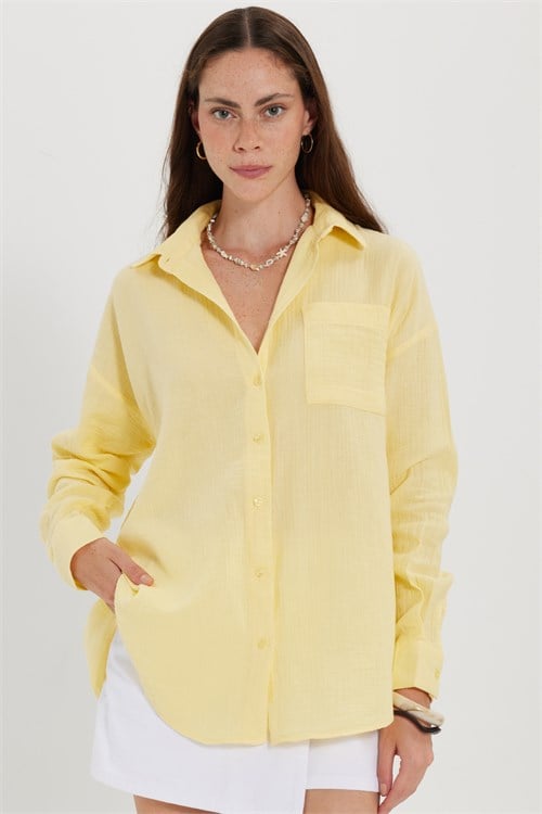 Kadın Oversize Geniş Kesim %100 Pamuk Müslin Kumaş Uzun Kollu Cepli Dokulu Sarı Gömlek