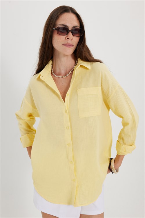 Kadın Oversize Geniş Kesim %100 Pamuk Müslin Kumaş Uzun Kollu Cepli Dokulu Sarı Gömlek