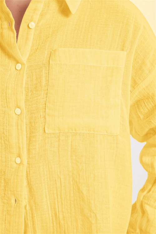 Kadın Oversize Geniş Kesim %100 Pamuk Müslin Kumaş Uzun Kollu Cepli Dokulu Sarı Gömlek