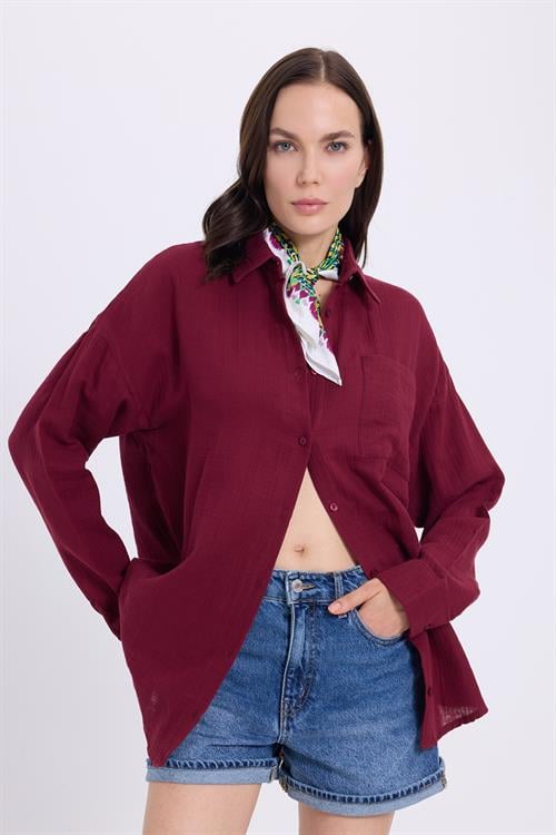 Kadın Oversize Geniş Kesim %100 Pamuk Müslin Kumaş Uzun Kollu Cepli Dokulu Bordo Gömlek