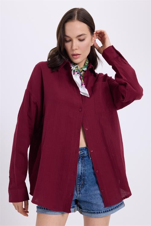 Kadın Oversize Geniş Kesim %100 Pamuk Müslin Kumaş Uzun Kollu Cepli Dokulu Bordo Gömlek
