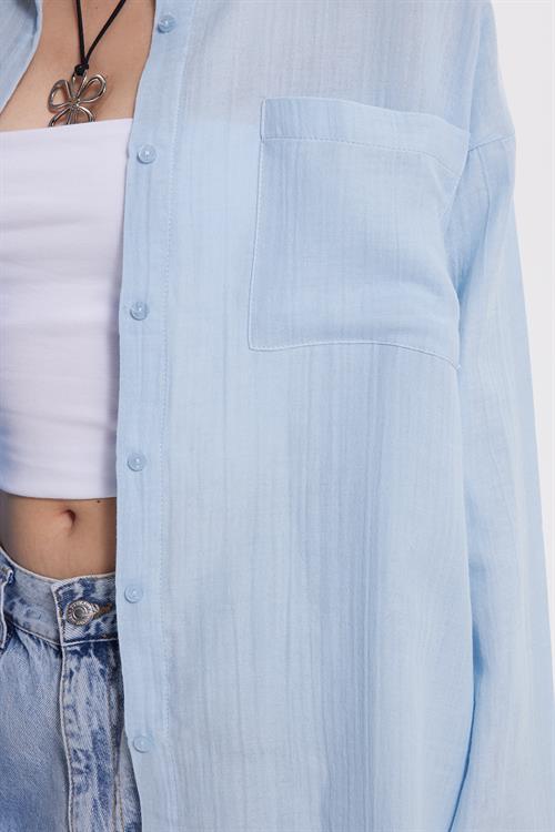 Kadın Oversize Geniş Kesim %100 Pamuk Müslin Kumaş Uzun Kollu Cepli Dokulu Mavi Gömlek