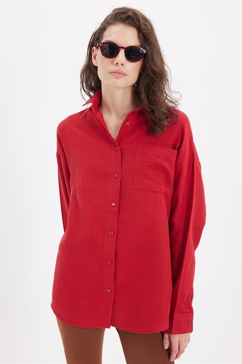 Kadın Oversize Geniş Kesim %100 Pamuk Müslin Kumaş Uzun Kollu Cepli Dokulu Bordo Gömlek