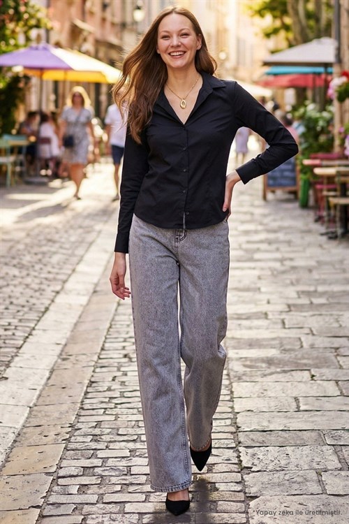 Kadın Slim Fit Dar Kesim Pensli Vucüda Oturan Klasik Yaka Uzun Kollu Likralı Siyah Gömlek