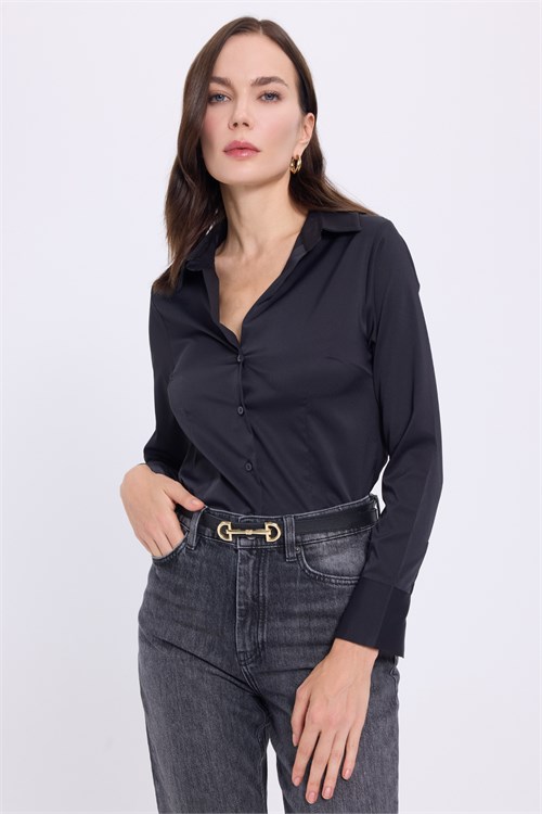 Kadın Slim Fit Dar Kesim Pensli Vücuda Oturan Klasik Yaka Uzun Kollu Likralı Siyah Gömlek