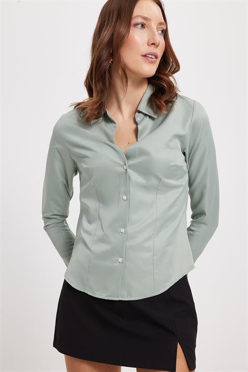 Kadın Slim Fit Dar Kesim Pensli Vücuda Oturan Klasik Yaka Uzun Kollu Likralı Mint Renk Gömlek